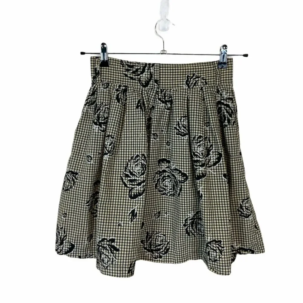 Esprit Flare Skirt Vintage Women Black Cream Gingham Rose Button Front Size XS S